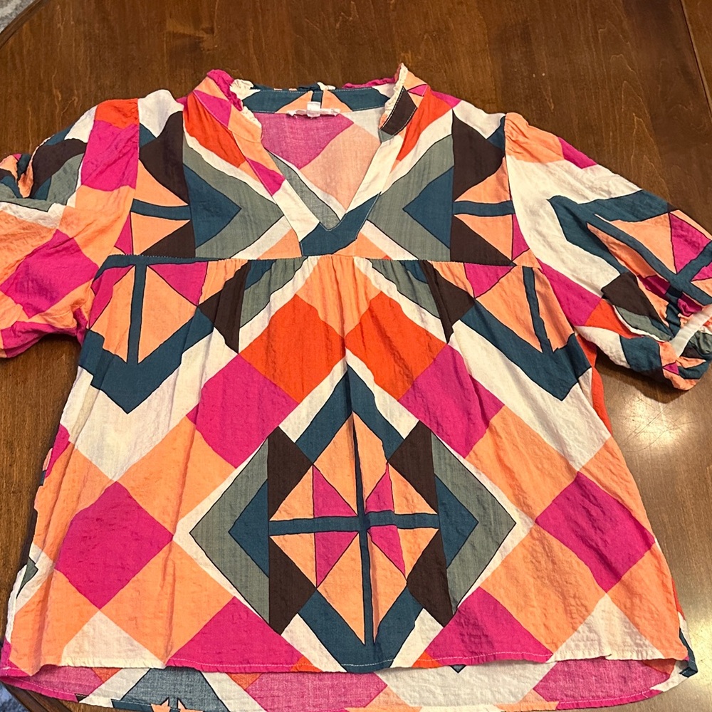 THML Women’s Geometric Print Top in Pink, Orange & Navy